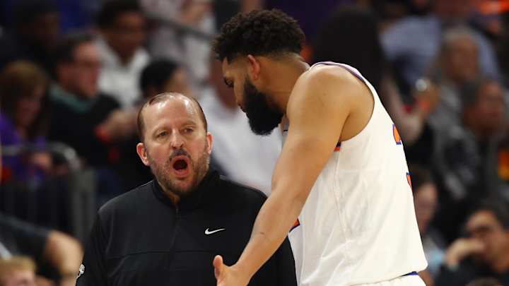 Nov 20, 2024; Phoenix, Arizona, USA; New York Knicks head coach Tom Thibodeau with center Karl-Anthony Towns (32) against the Phoenix Suns at Footprint Center. Mandatory Credit: Mark J. Rebilas-Imagn Images Nov 20, 2024; Phoenix, Arizona, USA; New York Knicks head coach Tom Thibodeau with center Karl-Anthony Towns (32) against the Phoenix Suns at Footprint Center. Mandatory Credit: Mark J. Rebilas-Imagn Images