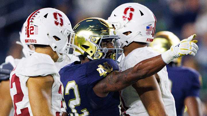Notre Dame running back Devyn Ford (22) celebrates getting a first down during a NCAA college football game between Notre Dame and Stanford at Notre Dame Stadium on Saturday, Oct. 12, 2024, in South Bend. Notre Dame running back Devyn Ford (22) celebrates getting a first down during a NCAA college football game between Notre Dame and Stanford at Notre Dame Stadium on Saturday, Oct. 12, 2024, in South Bend.