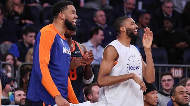 Mar 25, 2025; New York, New York, USA; New York Knicks center Karl-Anthony Towns (32) and forward Mikal Bridges (25) celebrate during the closing seconds of the fourth quarter against the Dallas Mavericks at Madison Square Garden. Mandatory Credit: Wendell Cruz-Imagn Images Mar 25, 2025; New York, New York, USA; New York Knicks center Karl-Anthony Towns (32) and forward Mikal Bridges (25) celebrate during the closing seconds of the fourth quarter against the Dallas Mavericks at Madison Square Garden. Mandatory Credit: Wendell Cruz-Imagn Images