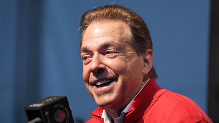 Dec 30, 2023; Pasadena, CA, USA; Alabama Crimson Tide head coach Nick Saban during Rose Bowl media day at Rose Bowl Stadium. Mandatory Credit: Kirby Lee-Imagn Images Dec 30, 2023; Pasadena, CA, USA; Alabama Crimson Tide head coach Nick Saban during Rose Bowl media day at Rose Bowl Stadium. Mandatory Credit: Kirby Lee-Imagn Images