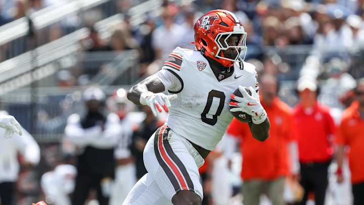 Sep 7, 2024; University Park, Pennsylvania, USA; Bowling Green Falcons tight end Harold Fannin Jr (0) runs with the ball during the second quarter against the Penn State Nittany Lions at Beaver Stadium. Mandatory Credit: Matthew O'Haren-Imagn Images Sep 7, 2024; University Park, Pennsylvania, USA; Bowling Green Falcons tight end Harold Fannin Jr (0) runs with the ball during the second quarter against the Penn State Nittany Lions at Beaver Stadium. Mandatory Credit: Matthew O'Haren-Imagn Images
