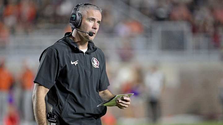 Oct 5, 2024; Tallahassee, Florida, USA; Florida State Seminoles head coach Mike Norvell looks on during the second half against the Clemson Tigers at Doak S. Campbell Stadium. Mandatory Credit: Melina Myers-Imagn Images Oct 5, 2024; Tallahassee, Florida, USA; Florida State Seminoles head coach Mike Norvell looks on during the second half against the Clemson Tigers at Doak S. Campbell Stadium. Mandatory Credit: Melina Myers-Imagn Images
