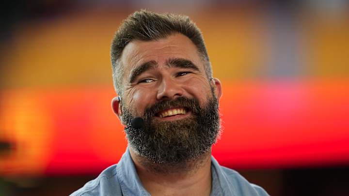 Oct 7, 2024; Kansas City, Missouri, USA; Former NFL player Jason Kelce prior to a game between the New Orleans Saints and the Kansas City Chiefs at GEHA Field at Arrowhead Stadium. Oct 7, 2024; Kansas City, Missouri, USA; Former NFL player Jason Kelce prior to a game between the New Orleans Saints and the Kansas City Chiefs at GEHA Field at Arrowhead Stadium.