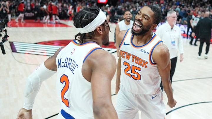 Mar 12, 2025; Portland, Oregon, USA; New York Knicks small forward Mikal Bridges (25) celebrates with point guard Miles McBride (2) after the game against the Portland Trail Blazers at Moda Center. Mandatory Credit: Soobum Im-Imagn Images Mar 12, 2025; Portland, Oregon, USA; New York Knicks small forward Mikal Bridges (25) celebrates with point guard Miles McBride (2) after the game against the Portland Trail Blazers at Moda Center. Mandatory Credit: Soobum Im-Imagn Images