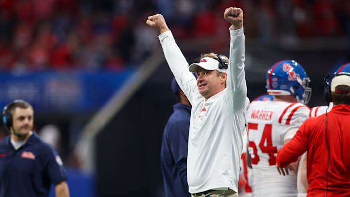 Dec 30, 2023; Atlanta, GA, USA; Mississippi Rebels head coach Lane Kiffin celebrates after a Dec 30, 2023; Atlanta, GA, USA; Mississippi Rebels head coach Lane Kiffin celebrates after a