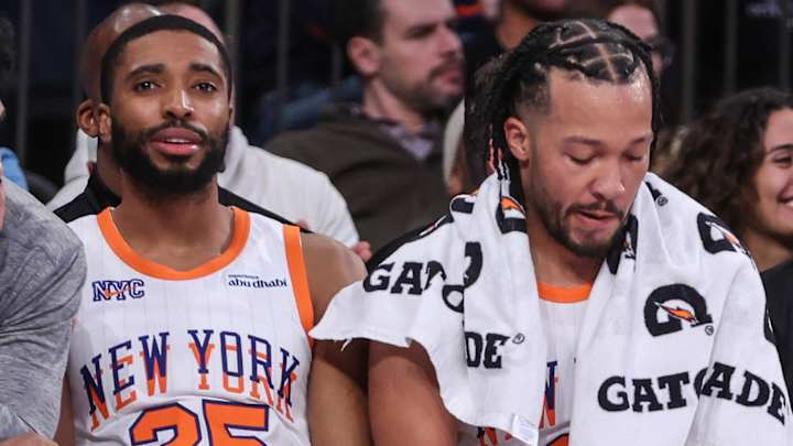 Jan 17, 2025; New York, New York, USA; New York Knicks forwards Jacob Toppin (00), Mikal Bridges (25) and guard Jalen Brunson (11) at Madison Square Garden. Mandatory Credit: Wendell Cruz-Imagn Images Jan 17, 2025; New York, New York, USA; New York Knicks forwards Jacob Toppin (00), Mikal Bridges (25) and guard Jalen Brunson (11) at Madison Square Garden. Mandatory Credit: Wendell Cruz-Imagn Images