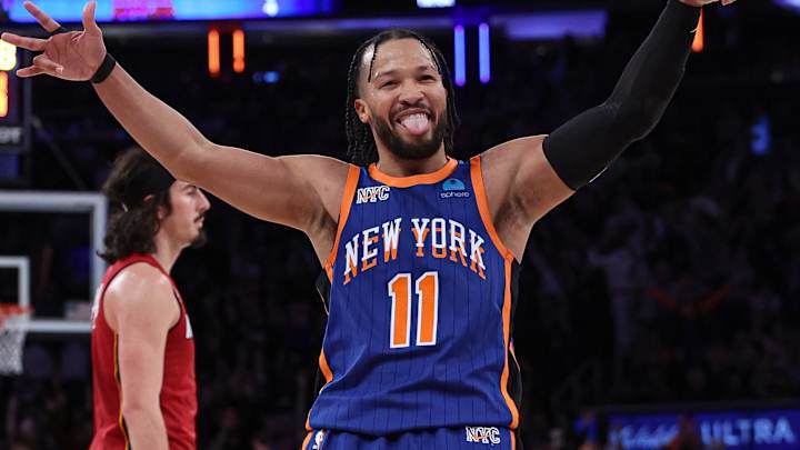 Jan 27, 2024; New York, New York, USA; New York Knicks guard Jalen Brunson (11) reacts after making a three point basket during the second half against the Miami Heat at Madison Square Garden. Mandatory Credit: Vincent Carchietta-Imagn Images Jan 27, 2024; New York, New York, USA; New York Knicks guard Jalen Brunson (11) reacts after making a three point basket during the second half against the Miami Heat at Madison Square Garden. Mandatory Credit: Vincent Carchietta-Imagn Images