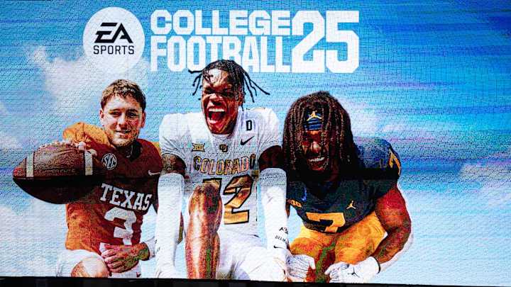 A commercial for the College Football 25 video game, featuring Texas Football quarterback Quinn Ewers plays during the fifth inning of the Longhorns' baseball game against the Kansas Jayhawks, Thursday, May 16, 2024 at UFCU Disch-Falk Field in Austin. A commercial for the College Football 25 video game, featuring Texas Football quarterback Quinn Ewers plays during the fifth inning of the Longhorns' baseball game against the Kansas Jayhawks, Thursday, May 16, 2024 at UFCU Disch-Falk Field in Austin.