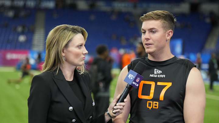 Mar 1, 2025; Indianapolis, IN, USA; NFL Network reporter Stacey Dales (left) interviews Ohio State quarterback Will Howard (QB07) during the 2025 NFL Scouting Combine at Lucas Oil Stadium. Mandatory Credit: Kirby Lee-Imagn Images Mar 1, 2025; Indianapolis, IN, USA; NFL Network reporter Stacey Dales (left) interviews Ohio State quarterback Will Howard (QB07) during the 2025 NFL Scouting Combine at Lucas Oil Stadium. Mandatory Credit: Kirby Lee-Imagn Images