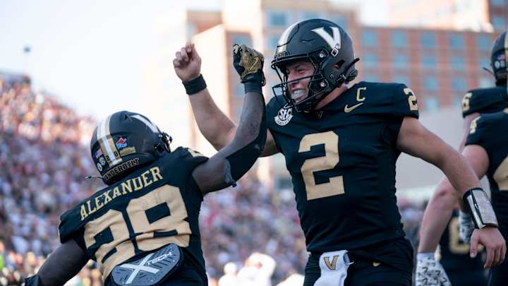 Vanderbilt Commodores running back Sedrick Alexander (28) and quarterback Diego Pavia (2)celebrate a touchdown in the end zone against the Alabama Crimson Tide during their game at Vanderbilt Stadium in Nashville, Tenn., Saturday, Oct. 5, 2024. Vanderbilt Commodores running back Sedrick Alexander (28) and quarterback Diego Pavia (2)celebrate a touchdown in the end zone against the Alabama Crimson Tide during their game at Vanderbilt Stadium in Nashville, Tenn., Saturday, Oct. 5, 2024.