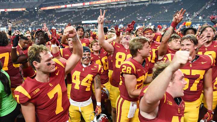 Miller Moss and the USC Trojans celebrate their win over LSU on Sunday Miller Moss and the USC Trojans celebrate their win over LSU on Sunday