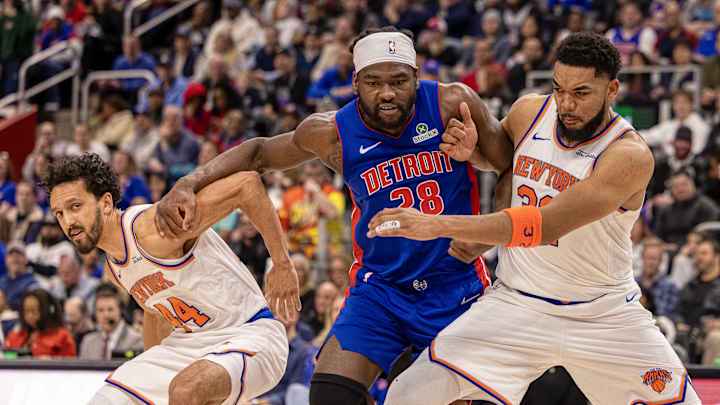 Apr 10, 2025; Detroit, Michigan, USA; Detroit Pistons center Isaiah Stewart (28) battles for position New York Knicks forward Precious Achiuwa (5) and guard Landry Shamet (44) during the second half at Little Caesars Arena. Mandatory Credit: David Reginek-Imagn Images Apr 10, 2025; Detroit, Michigan, USA; Detroit Pistons center Isaiah Stewart (28) battles for position New York Knicks forward Precious Achiuwa (5) and guard Landry Shamet (44) during the second half at Little Caesars Arena. Mandatory Credit: David Reginek-Imagn Images