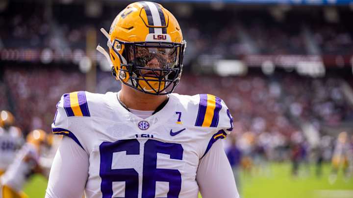 Sep 14, 2024; Columbia, South Carolina, USA; LSU Tigers offensive tackle Will Campbell (66) warms up before a game against the South Carolina Gamecocks at Williams-Brice Stadium. Mandatory Credit: Scott Kinser-Imagn Images Sep 14, 2024; Columbia, South Carolina, USA; LSU Tigers offensive tackle Will Campbell (66) warms up before a game against the South Carolina Gamecocks at Williams-Brice Stadium. Mandatory Credit: Scott Kinser-Imagn Images