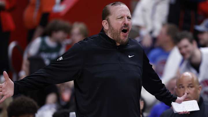 Apr 24, 2025; Detroit, Michigan, USA; New York Knicks head coach Tom Thibodeau reacts in the second half against the Detroit Pistons during game three of first round for the 2024 NBA Playoffs at Little Caesars Arena. Mandatory Credit: Rick Osentoski-Imagn Images Apr 24, 2025; Detroit, Michigan, USA; New York Knicks head coach Tom Thibodeau reacts in the second half against the Detroit Pistons during game three of first round for the 2024 NBA Playoffs at Little Caesars Arena. Mandatory Credit: Rick Osentoski-Imagn Images