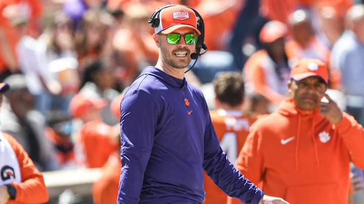 Apr 6, 2024; Clemson, South Carolina, USA; Clemson during the fourth quarter offensive coordinator Garrett Riley during the Clemson spring football game at Memorial Stadium. Mandatory Credit: Ken Ruinard-Imagn Images Apr 6, 2024; Clemson, South Carolina, USA; Clemson during the fourth quarter offensive coordinator Garrett Riley during the Clemson spring football game at Memorial Stadium. Mandatory Credit: Ken Ruinard-Imagn Images