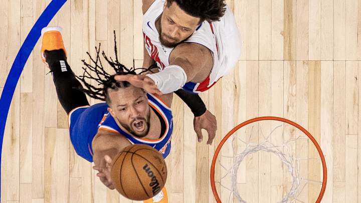 Apr 27, 2025; Detroit, Michigan, USA; New York Knicks guard Jalen Brunson (11) drives to the basket as Detroit Pistons guard Cade Cunningham (2) defends during the second half of game four of first round for the 2025 NBA Playoffs at Little Caesars Arena. Mandatory Credit: David Reginek-Imagn Images Apr 27, 2025; Detroit, Michigan, USA; New York Knicks guard Jalen Brunson (11) drives to the basket as Detroit Pistons guard Cade Cunningham (2) defends during the second half of game four of first round for the 2025 NBA Playoffs at Little Caesars Arena. Mandatory Credit: David Reginek-Imagn Images