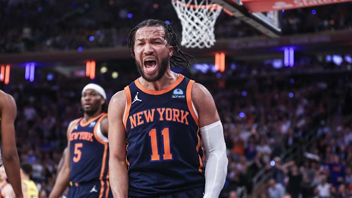 May 8, 2024; New York, New York, USA; New York Knicks guard Jalen Brunson (11) celebrates in the fourth quarter after scoring against the Indiana Pacers during game two of the second round for the 2024 NBA playoffs at Madison Square Garden. Mandatory Credit: Wendell Cruz-Imagn Images May 8, 2024; New York, New York, USA; New York Knicks guard Jalen Brunson (11) celebrates in the fourth quarter after scoring against the Indiana Pacers during game two of the second round for the 2024 NBA playoffs at Madison Square Garden. Mandatory Credit: Wendell Cruz-Imagn Images
