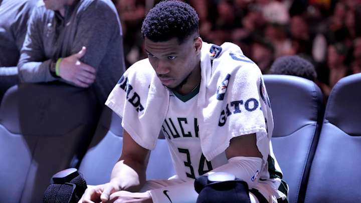Mar 8, 2025; Milwaukee, Wisconsin, USA; Milwaukee Bucks forward Giannis Antetokounmpo (34) sits on the bench during a time out against the Orlando Magic in the second half at Fiserv Forum. Mandatory Credit: Michael McLoone-Imagn Images Mar 8, 2025; Milwaukee, Wisconsin, USA; Milwaukee Bucks forward Giannis Antetokounmpo (34) sits on the bench during a time out against the Orlando Magic in the second half at Fiserv Forum. Mandatory Credit: Michael McLoone-Imagn Images