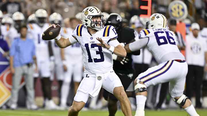 Oct 26, 2024; College Station, Texas, USA; LSU Tigers quarterback Garrett Nussmeier (13) looks to pass the ball in the first quarter against the Texas A&M Aggies. The Aggies defeated the Tigers 38-23; at Kyle Field. Mandatory Credit: Maria Lysaker-Imagn Images. Oct 26, 2024; College Station, Texas, USA; LSU Tigers quarterback Garrett Nussmeier (13) looks to pass the ball in the first quarter against the Texas A&M Aggies. The Aggies defeated the Tigers 38-23; at Kyle Field. Mandatory Credit: Maria Lysaker-Imagn Images.