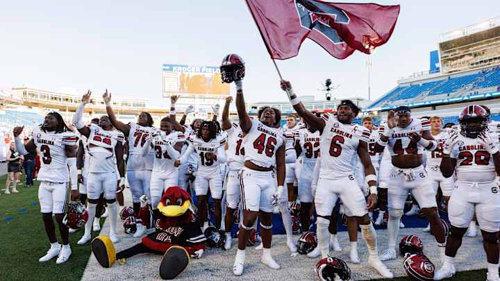 Sep 7, 2024; Lexington, Kentucky, USA; The South Carolina Gamecocks celebrate after the game against the Kentucky Wildcats at Kroger Field. Mandatory Credit: Jordan Prather-Imagn Images Sep 7, 2024; Lexington, Kentucky, USA; The South Carolina Gamecocks celebrate after the game against the Kentucky Wildcats at Kroger Field. Mandatory Credit: Jordan Prather-Imagn Images