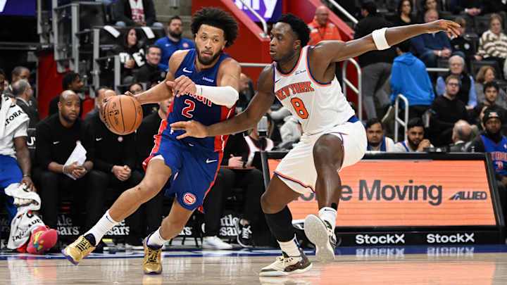 Nov 1, 2024; Detroit, Michigan, USA; Detroit Pistons guard Cade Cunningham (2) drives past New York Knicks forward OG Anunoby (8) in the second quarter at Little Caesars Arena. Mandatory Credit: Lon Horwedel-Imagn Images Nov 1, 2024; Detroit, Michigan, USA; Detroit Pistons guard Cade Cunningham (2) drives past New York Knicks forward OG Anunoby (8) in the second quarter at Little Caesars Arena. Mandatory Credit: Lon Horwedel-Imagn Images