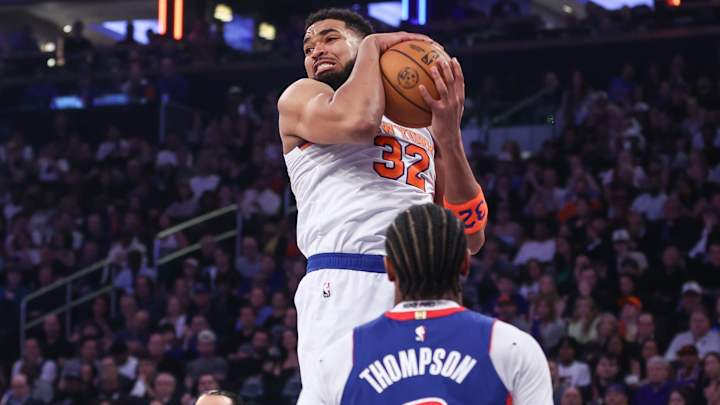 Apr 19, 2025; New York, New York, USA; New York Knicks center Karl-Anthony Towns (32) grabs a rebound in Game One of the First Round of the NBA Playoffs against the Detroit Pistons at Madison Square Garden. Mandatory Credit: Wendell Cruz-Imagn Images Apr 19, 2025; New York, New York, USA; New York Knicks center Karl-Anthony Towns (32) grabs a rebound in Game One of the First Round of the NBA Playoffs against the Detroit Pistons at Madison Square Garden. Mandatory Credit: Wendell Cruz-Imagn Images