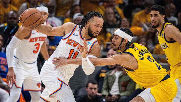 May 17, 2024; Indianapolis, Indiana, USA; New York Knicks guard Jalen Brunson (11) dribbles the ball while Indiana Pacers guard Andrew Nembhard (2) defends during game six of the second round for the 2024 NBA playoffs at Gainbridge Fieldhouse. Mandatory Credit: Trevor Ruszkowski-Imagn Images May 17, 2024; Indianapolis, Indiana, USA; New York Knicks guard Jalen Brunson (11) dribbles the ball while Indiana Pacers guard Andrew Nembhard (2) defends during game six of the second round for the 2024 NBA playoffs at Gainbridge Fieldhouse. Mandatory Credit: Trevor Ruszkowski-Imagn Images