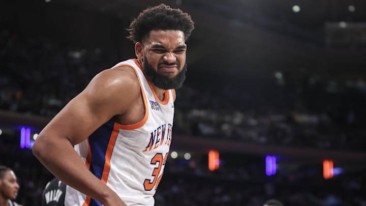 Nov 17, 2024; New York, New York, USA; New York Knicks center Karl-Anthony Towns (32) reacts after getting fouled in the third quarter against the Brooklyn Nets at Madison Square Garden. Mandatory Credit: Wendell Cruz-Imagn Images Nov 17, 2024; New York, New York, USA; New York Knicks center Karl-Anthony Towns (32) reacts after getting fouled in the third quarter against the Brooklyn Nets at Madison Square Garden. Mandatory Credit: Wendell Cruz-Imagn Images