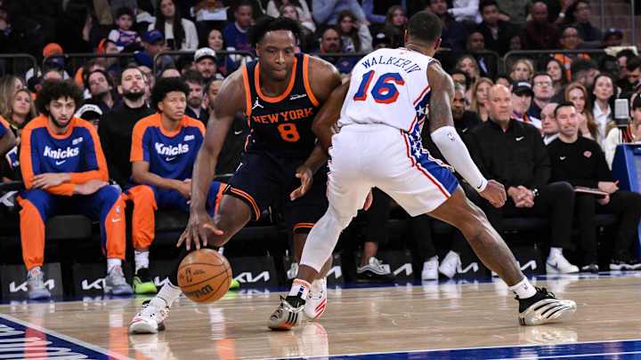 Apr 1, 2025; New York, New York, USA; New York Knicks forward OG Anunoby (8) drives to the basket while being defended by Philadelphia 76ers guard Lonnie Walker IV (16) during the first half at Madison Square Garden. Mandatory Credit: John Jones-Imagn Images Apr 1, 2025; New York, New York, USA; New York Knicks forward OG Anunoby (8) drives to the basket while being defended by Philadelphia 76ers guard Lonnie Walker IV (16) during the first half at Madison Square Garden. Mandatory Credit: John Jones-Imagn Images