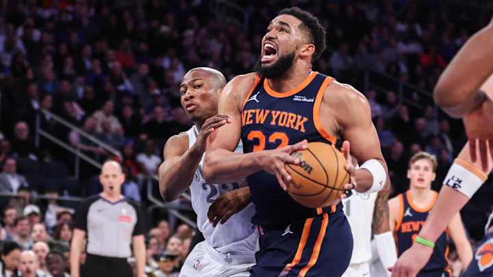 Mar 25, 2025; New York, New York, USA; New York Knicks center Karl-Anthony Towns (32) drives past Dallas Mavericks forward Kai Jones (23) in the first quarter at Madison Square Garden. Mandatory Credit: Wendell Cruz-Imagn Images Mar 25, 2025; New York, New York, USA; New York Knicks center Karl-Anthony Towns (32) drives past Dallas Mavericks forward Kai Jones (23) in the first quarter at Madison Square Garden. Mandatory Credit: Wendell Cruz-Imagn Images