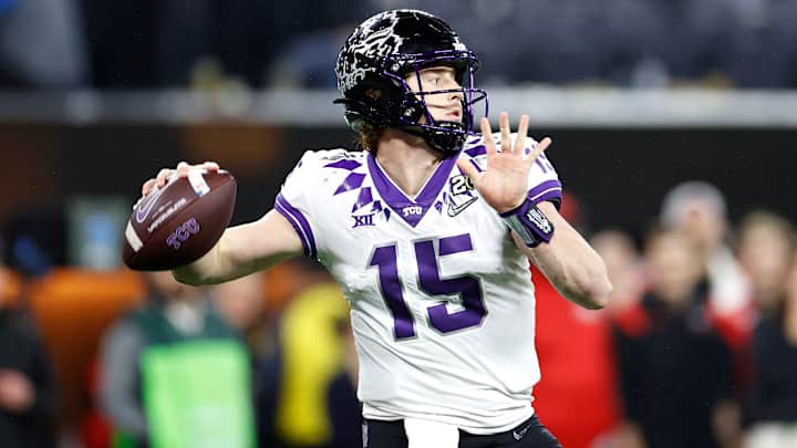 Max Duggan #15 of the TCU Horned Frogs looks to pass in the second quarter against the Georgia Bulldogs in the College Football Playoff National Championship game at SoFi Stadium on January 09, 2023 in Inglewood, California. Max Duggan #15 of the TCU Horned Frogs looks to pass in the second quarter against the Georgia Bulldogs in the College Football Playoff National Championship game at SoFi Stadium on January 09, 2023 in Inglewood, California.