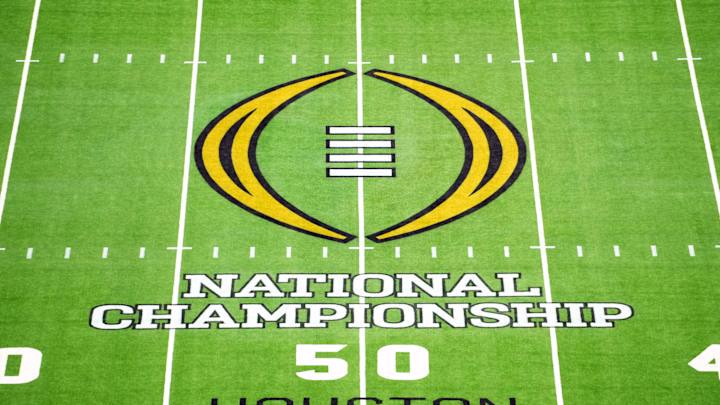 Jan 8, 2024; Houston, TX, USA; The 2024 CFP logo on the field before the 2024 College Football Jan 8, 2024; Houston, TX, USA; The 2024 CFP logo on the field before the 2024 College Football