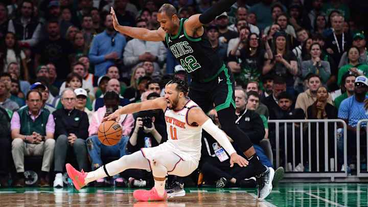 May 14, 2025; Boston, Massachusetts, USA; Boston Celtics center Al Horford (42) is called for a foul on New York Knicks guard Jalen Brunson (11) in the second half during game five of the second round for the 2025 NBA Playoffs at TD Garden. Mandatory Credit: Bob DeChiara-Imagn Images May 14, 2025; Boston, Massachusetts, USA; Boston Celtics center Al Horford (42) is called for a foul on New York Knicks guard Jalen Brunson (11) in the second half during game five of the second round for the 2025 NBA Playoffs at TD Garden. Mandatory Credit: Bob DeChiara-Imagn Images