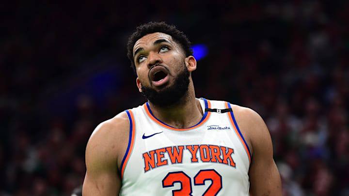 May 14, 2025; Boston, Massachusetts, USA; New York Knicks center Karl-Anthony Towns (32) reacts in the second half during game five of the second round for the 2025 NBA Playoffs against the Boston Celtics at TD Garden. Mandatory Credit: Bob DeChiara-Imagn Images May 14, 2025; Boston, Massachusetts, USA; New York Knicks center Karl-Anthony Towns (32) reacts in the second half during game five of the second round for the 2025 NBA Playoffs against the Boston Celtics at TD Garden. Mandatory Credit: Bob DeChiara-Imagn Images