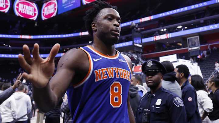 May 1, 2025; Detroit, Michigan, USA; New York Knicks forward OG Anunoby (8) walks off the court after the game against the Detroit Pistons during game six of first round for the 2024 NBA Playoffs at Little Caesars Arena. Mandatory Credit: Rick Osentoski-Imagn Images May 1, 2025; Detroit, Michigan, USA; New York Knicks forward OG Anunoby (8) walks off the court after the game against the Detroit Pistons during game six of first round for the 2024 NBA Playoffs at Little Caesars Arena. Mandatory Credit: Rick Osentoski-Imagn Images