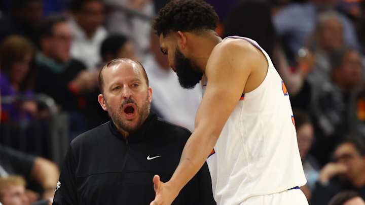 Nov 20, 2024; Phoenix, Arizona, USA; New York Knicks head coach Tom Thibodeau with center Karl-Anthony Towns (32) against the Phoenix Suns at Footprint Center. Mandatory Credit: Mark J. Rebilas-Imagn Images Nov 20, 2024; Phoenix, Arizona, USA; New York Knicks head coach Tom Thibodeau with center Karl-Anthony Towns (32) against the Phoenix Suns at Footprint Center. Mandatory Credit: Mark J. Rebilas-Imagn Images