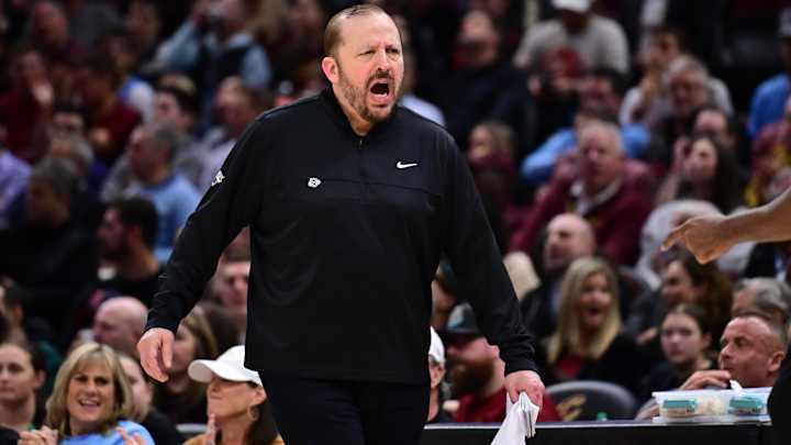 Apr 2, 2025; Cleveland, Ohio, USA; New York Knicks head coach Tom Thibodeau reacts during the second half against the Cleveland Cavaliers at Rocket Arena. Mandatory Credit: Ken Blaze-Imagn Images Apr 2, 2025; Cleveland, Ohio, USA; New York Knicks head coach Tom Thibodeau reacts during the second half against the Cleveland Cavaliers at Rocket Arena. Mandatory Credit: Ken Blaze-Imagn Images