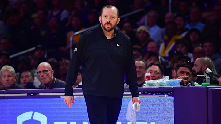 Mar 6, 2025; Los Angeles, California, USA; New York Knicks head coach Tom Thibodeau watches game action against the Los Angeles Lakers during the first half at Crypto.com Arena. Mandatory Credit: Gary A. Vasquez-Imagn Images Mar 6, 2025; Los Angeles, California, USA; New York Knicks head coach Tom Thibodeau watches game action against the Los Angeles Lakers during the first half at Crypto.com Arena. Mandatory Credit: Gary A. Vasquez-Imagn Images