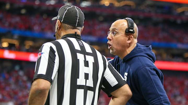 Dec 30, 2023; Atlanta, GA, USA; Penn State Nittany Lions head coach James Franklin talks to a Dec 30, 2023; Atlanta, GA, USA; Penn State Nittany Lions head coach James Franklin talks to a