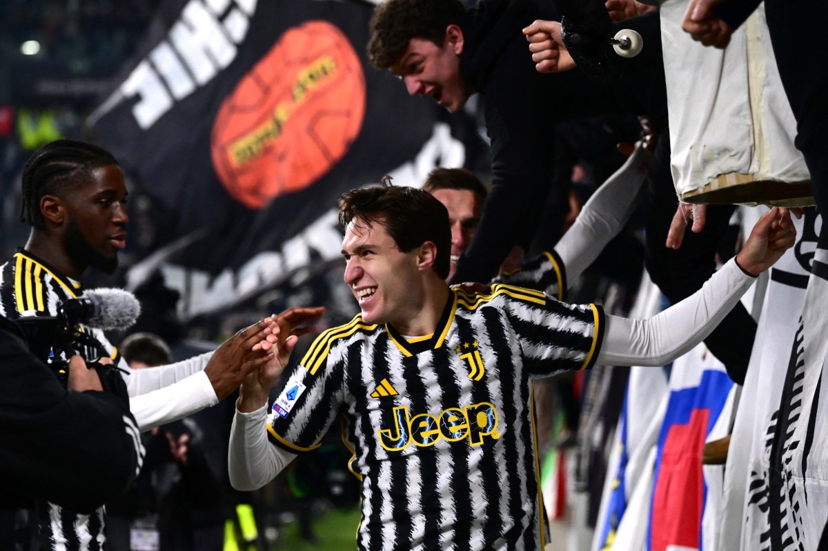 Juventus' Italian forward Federico Chiesa celebrates after scoring a goal during the Italian Serie A football match Juventus vs Sassuolo on January 16, 2024 at the Allianz Stadium in Turin. (Photo by MARCO BERTORELLO / AFP) (Photo by MARCO BERTORELLO/AFP via Getty Images)