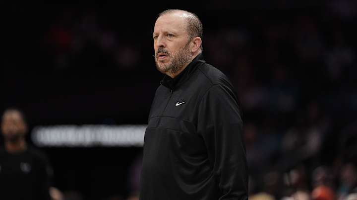 Mar 20, 2025; Charlotte, North Carolina, USA; New York Knicks head coach Tom Thibodeau during the first quarter against the Charlotte Hornets at Spectrum Center. Mandatory Credit: Jim Dedmon-Imagn Images Mar 20, 2025; Charlotte, North Carolina, USA; New York Knicks head coach Tom Thibodeau during the first quarter against the Charlotte Hornets at Spectrum Center. Mandatory Credit: Jim Dedmon-Imagn Images