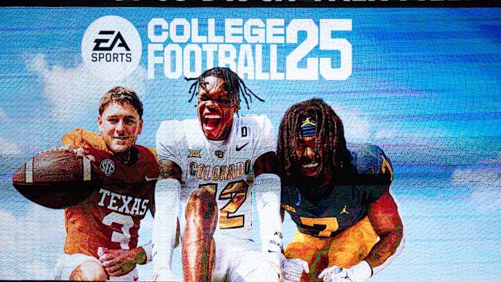 A commercial for the College Football 25 video game, featuring Texas Football quarterback Quinn Ewers plays during the fifth inning of the Longhorns' baseball game against the Kansas Jayhawks, Thursday, May 16, 2024 at UFCU Disch-Falk Field in Austin. A commercial for the College Football 25 video game, featuring Texas Football quarterback Quinn Ewers plays during the fifth inning of the Longhorns' baseball game against the Kansas Jayhawks, Thursday, May 16, 2024 at UFCU Disch-Falk Field in Austin.