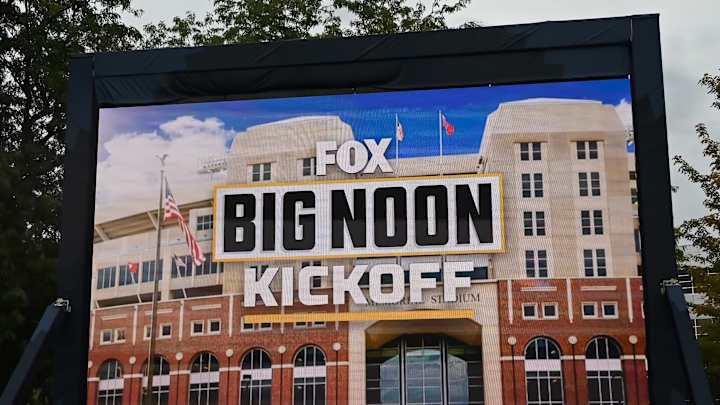 Signage for the Fox Big Noon Kickoff show before the game between the Nebraska Cornhuskers and the Oklahoma Sooners at Memorial Stadium on September 17, 2022 in Lincoln, Nebraska. Signage for the Fox Big Noon Kickoff show before the game between the Nebraska Cornhuskers and the Oklahoma Sooners at Memorial Stadium on September 17, 2022 in Lincoln, Nebraska.