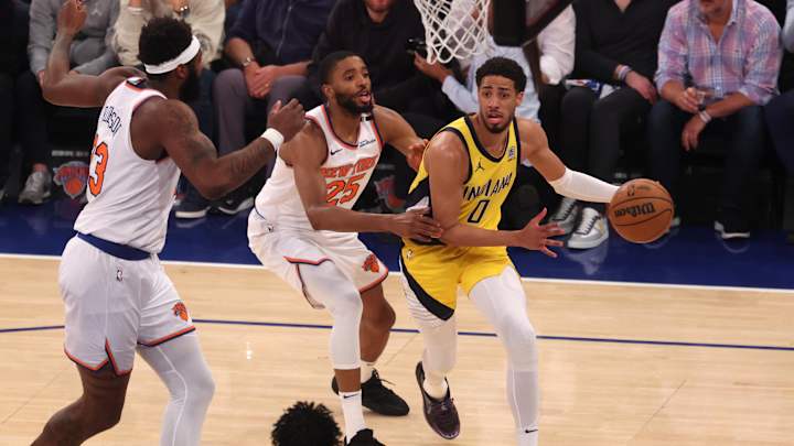 May 29, 2025; New York, New York, USA; Indiana Pacers guard Tyrese Haliburton (0) controls the ball against New York Knicks forward Mikal Bridges (25) in the first quarter during game five of the eastern conference finals for the 2025 NBA Playoffs at Madison Square Garden. Mandatory Credit: Vincent Carchietta-Imagn Images May 29, 2025; New York, New York, USA; Indiana Pacers guard Tyrese Haliburton (0) controls the ball against New York Knicks forward Mikal Bridges (25) in the first quarter during game five of the eastern conference finals for the 2025 NBA Playoffs at Madison Square Garden. Mandatory Credit: Vincent Carchietta-Imagn Images