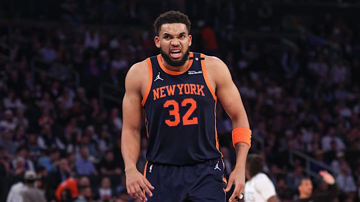 May 12, 2025; New York, New York, USA; New York Knicks center Karl-Anthony Towns (32) reacts after a dunk in the second half during game four of the second round for the 2025 NBA Playoffs against the Boston Celtics at Madison Square Garden. Mandatory Credit: Vincent Carchietta-Imagn Images May 12, 2025; New York, New York, USA; New York Knicks center Karl-Anthony Towns (32) reacts after a dunk in the second half during game four of the second round for the 2025 NBA Playoffs against the Boston Celtics at Madison Square Garden. Mandatory Credit: Vincent Carchietta-Imagn Images