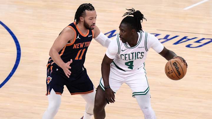 Apr 8, 2025; New York, New York, USA; Boston Celtics guard Jrue Holiday (4) sets the play while being defended by New York Knicks guard Jalen Brunson (11) during the first half at Madison Square Garden. Mandatory Credit: John Jones-Imagn Images Apr 8, 2025; New York, New York, USA; Boston Celtics guard Jrue Holiday (4) sets the play while being defended by New York Knicks guard Jalen Brunson (11) during the first half at Madison Square Garden. Mandatory Credit: John Jones-Imagn Images