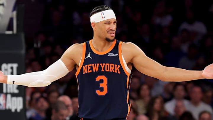 Apr 21, 2025; New York, New York, USA; New York Knicks guard Josh Hart (3) reacts during the third quarter of game two of the first round of the 2024 NBA Playoffs against the Detroit Pistons at Madison Square Garden. Mandatory Credit: Brad Penner-Imagn Images Apr 21, 2025; New York, New York, USA; New York Knicks guard Josh Hart (3) reacts during the third quarter of game two of the first round of the 2024 NBA Playoffs against the Detroit Pistons at Madison Square Garden. Mandatory Credit: Brad Penner-Imagn Images
