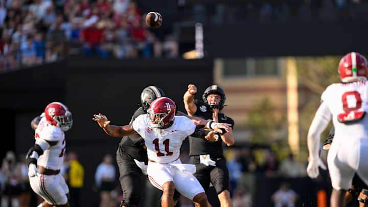 Oct 5, 2024; Nashville, Tennessee, USA; Vanderbilt Commodores quarterback Diego Pavia (2) passes the ball against the Alabama Crimson Tide during the first half at FirstBank Stadium. Oct 5, 2024; Nashville, Tennessee, USA; Vanderbilt Commodores quarterback Diego Pavia (2) passes the ball against the Alabama Crimson Tide during the first half at FirstBank Stadium.