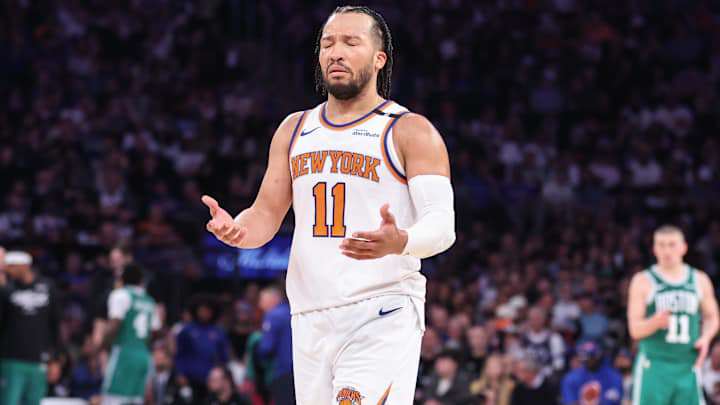May 10, 2025; New York, New York, USA; New York Knicks guard Jalen Brunson (11) reacts to a call in the third quarter against the Boston Celtics during game three of the second round for the 2025 NBA Playoffs at Madison Square Garden. Mandatory Credit: Wendell Cruz-Imagn Images May 10, 2025; New York, New York, USA; New York Knicks guard Jalen Brunson (11) reacts to a call in the third quarter against the Boston Celtics during game three of the second round for the 2025 NBA Playoffs at Madison Square Garden. Mandatory Credit: Wendell Cruz-Imagn Images