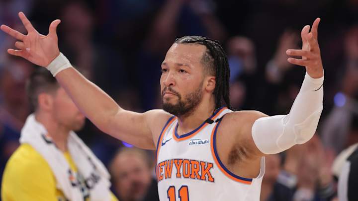 May 29, 2025; New York, New York, USA; New York Knicks guard Jalen Brunson (11) reacts after a three point shot against the Indiana Pacers in the first quarter during game five of the eastern conference finals for the 2025 NBA Playoffs at Madison Square Garden. Mandatory Credit: Brad Penner-Imagn Images May 29, 2025; New York, New York, USA; New York Knicks guard Jalen Brunson (11) reacts after a three point shot against the Indiana Pacers in the first quarter during game five of the eastern conference finals for the 2025 NBA Playoffs at Madison Square Garden. Mandatory Credit: Brad Penner-Imagn Images